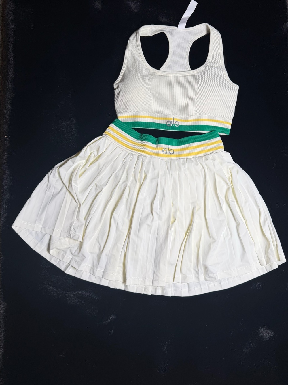 ALO Yoga Kids Cream Pleated Tennis Skirt with Green & Yellow Striped Waistband